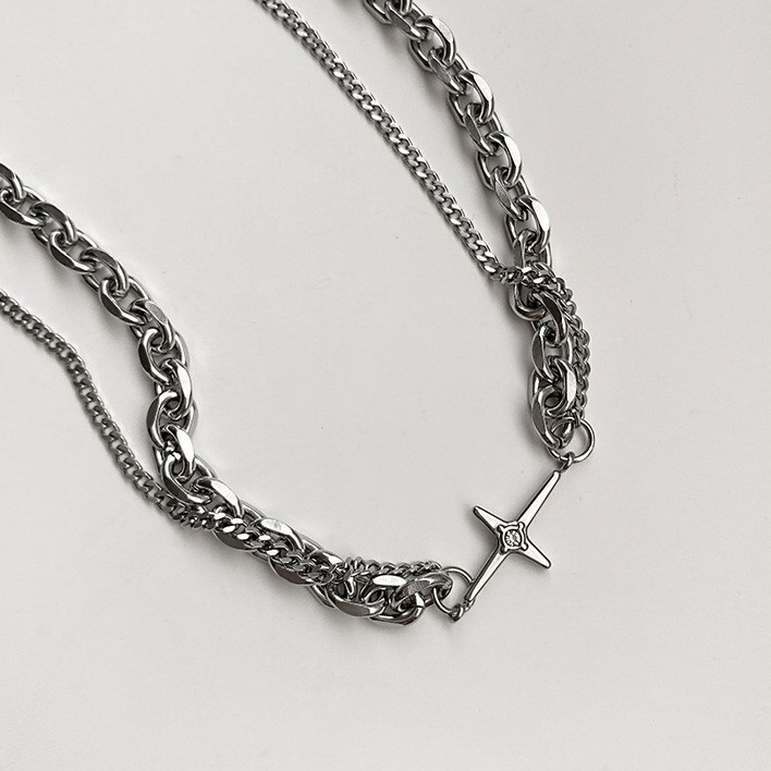 Vòng cổ 2 lớp Stainless Steel phối dây xích mặt ngôi sao 4 cánh đính đá - Dây chuyền Titan Nam Trending