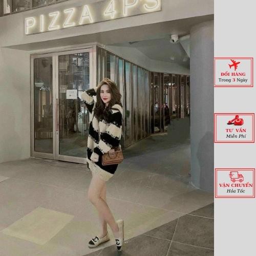Áo len nữ oversize phom rộng giấu quần kẻ ngang đen trắng ulzzang Hàn Quốc mùa thu đông