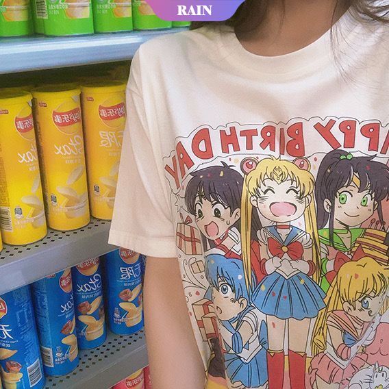 Áo Thun Tay Ngắn Màu Trắng In Họa Tiết Thủy Thủ Mặt Trăng Hoạt Hình Phong Cách Harajuku Đáng Yêu Dành Cho Nữ