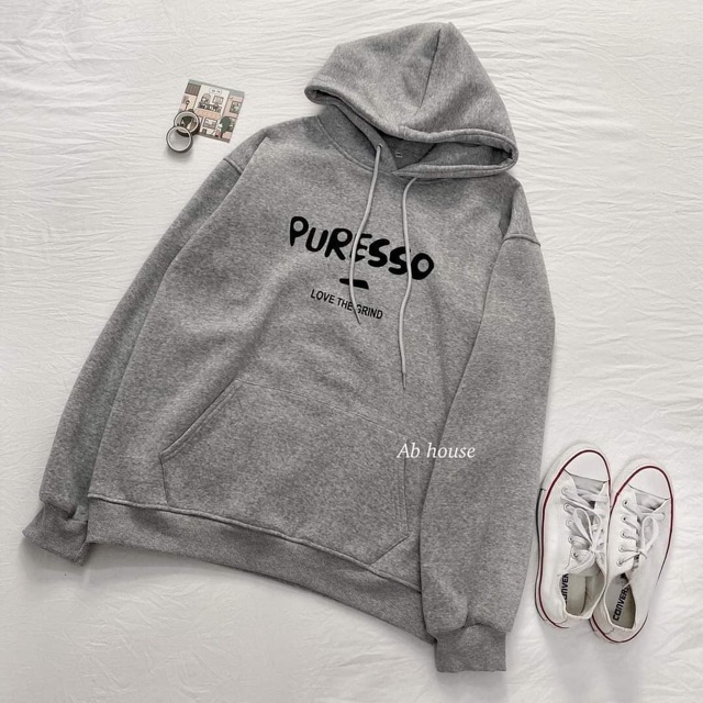 Áo hôdie nỉ bông xám puresso, áo hoodie nỉ mũ in chữ đơn giản