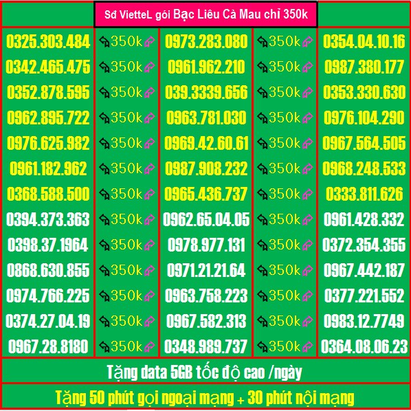 Sim Đẹp Viettel GIÁ 350k GÓI BẠC LIÊU CÀ MAU Miễn phí GỌI + Data tốc độ cao ( xem chi tiết Sp)