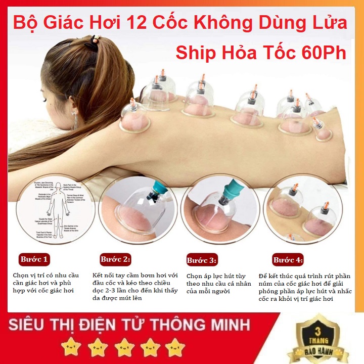 Bộ Giác Hơi 12 Cốc Kèm Phụ Kiện, Ống Giác Hơi Chân Không, Không Dùng Lửa - Hỗ Trợ Khỏi Cảm Nắng Và Gió