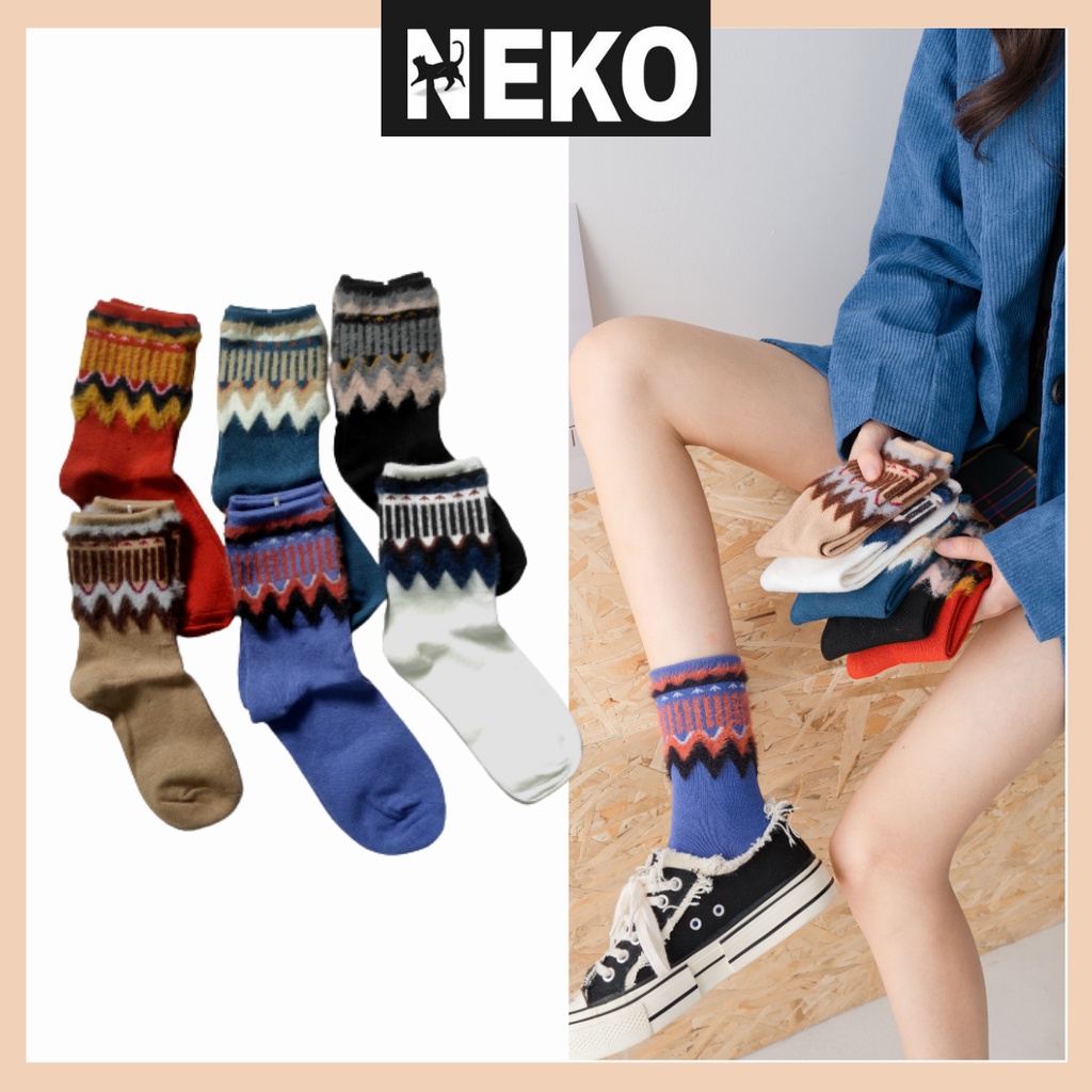 Vớ len cao cổ viền sóng, tất ulzzang chất len họa tiết sóng NEKO