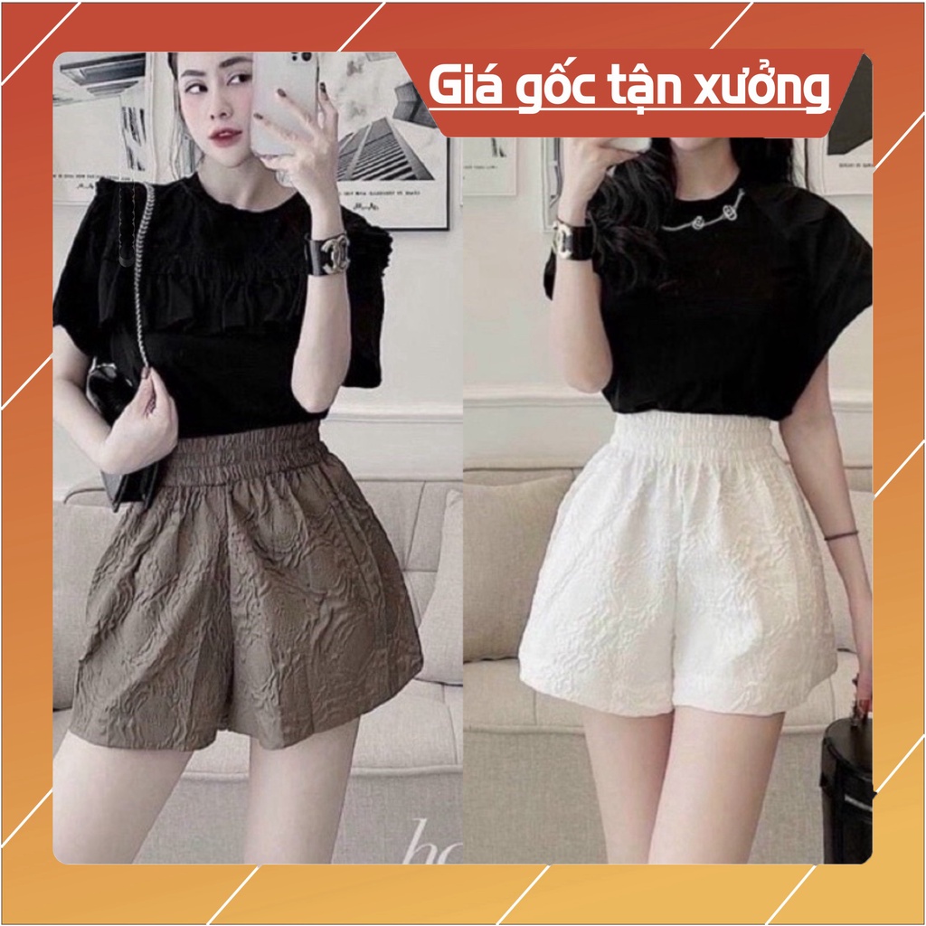 Quần Short Nữ Ống Rộng Lưng Cao Cạp Thun Chun Có Túi In Phồng Hoa Nổi - Quần Đùi Nữ Mặc Ở Nhà Đi Ngủ Thể Thao Đi Biển