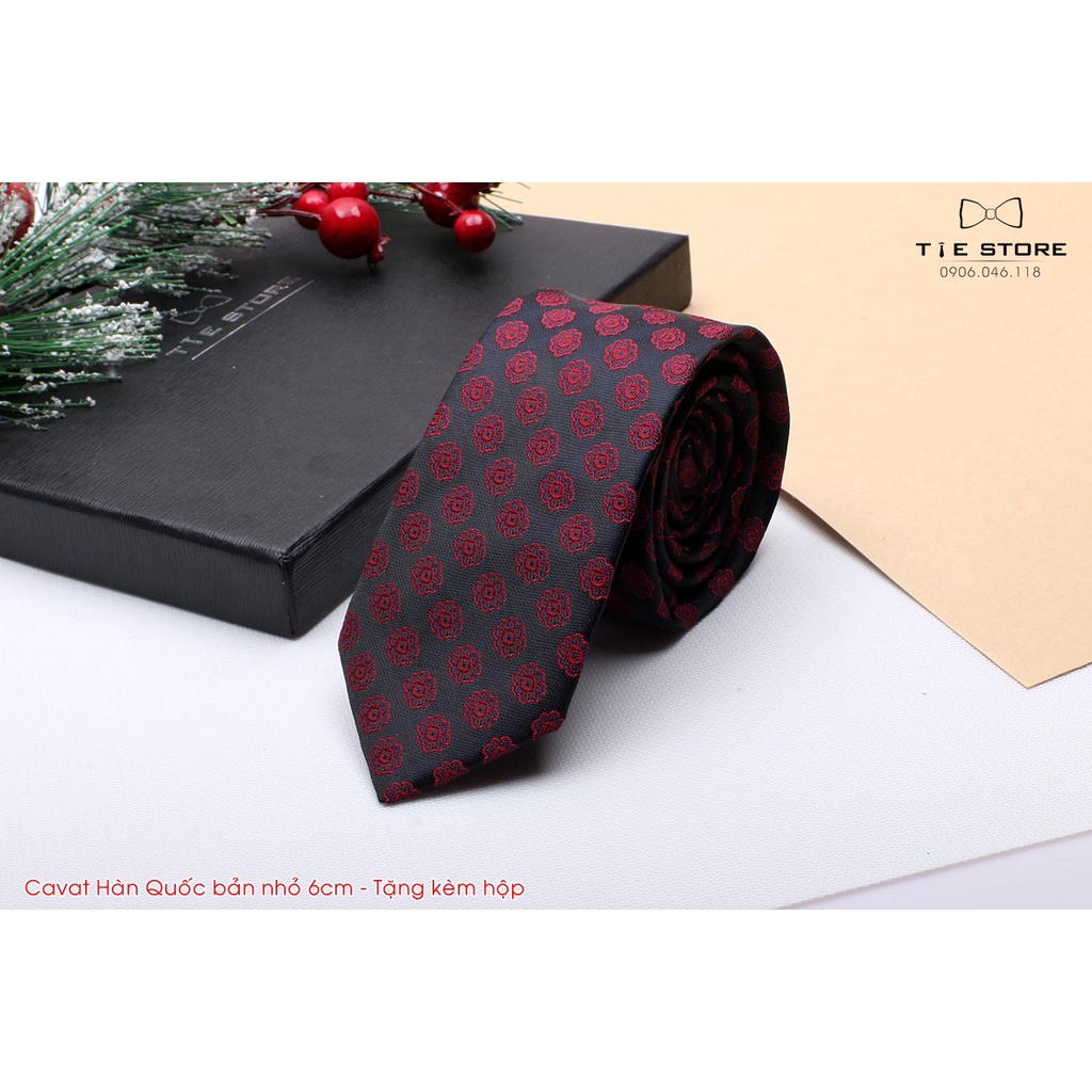 Cà Vạt Nam Bản nhỏ 6cm đen chấm bi đỏ - Cavat Hàn Quốc Cao Cấp Full box