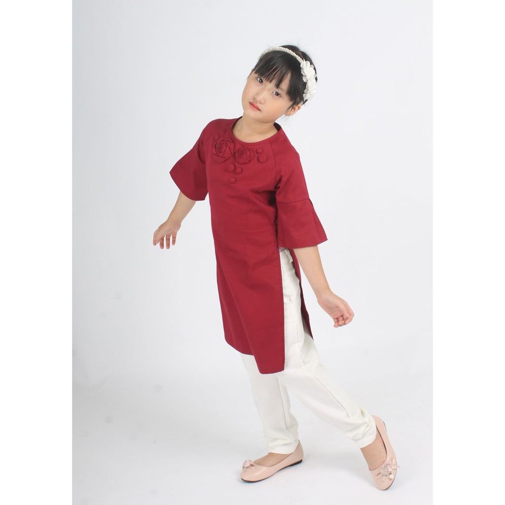 áo dài thiết kế cho bé gái  linen đỏ đính hoa ADG022 - JADINY