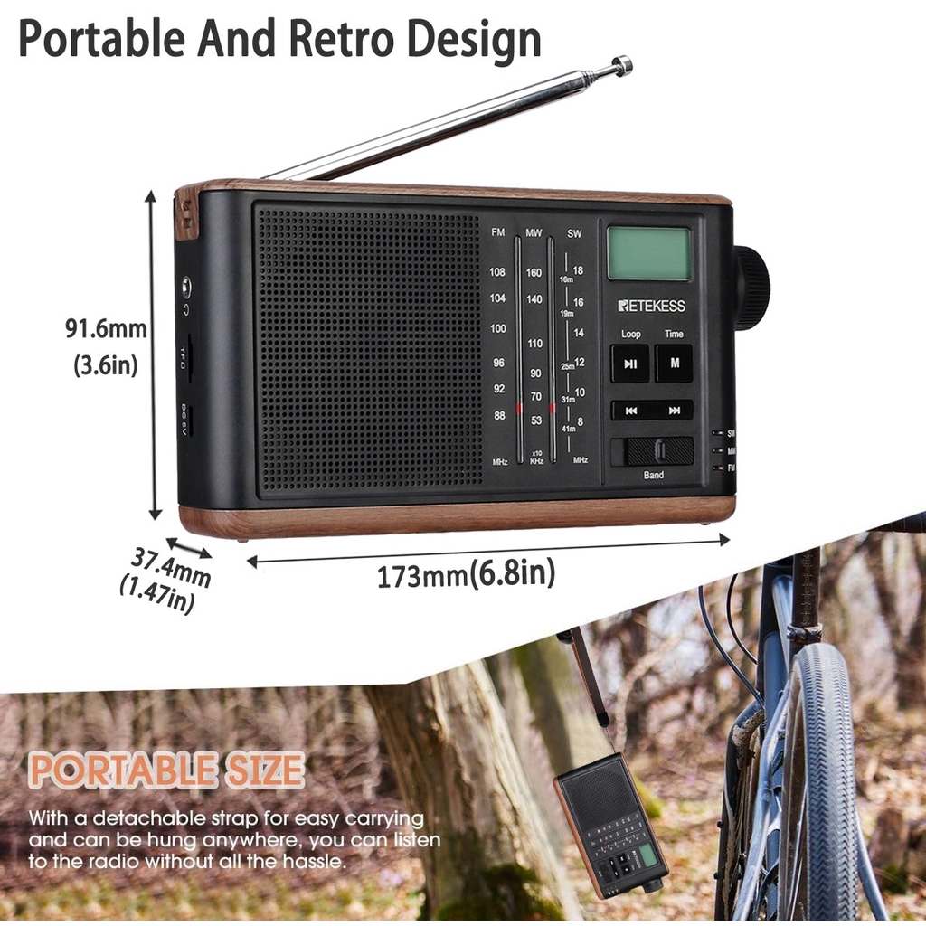 Đài radio FM/ MW/ SW Retekess TR613 hỗ trợ thẻ TF USB nhỏ gọn phong cách cổ điển cổng tai nghe 3.5mm