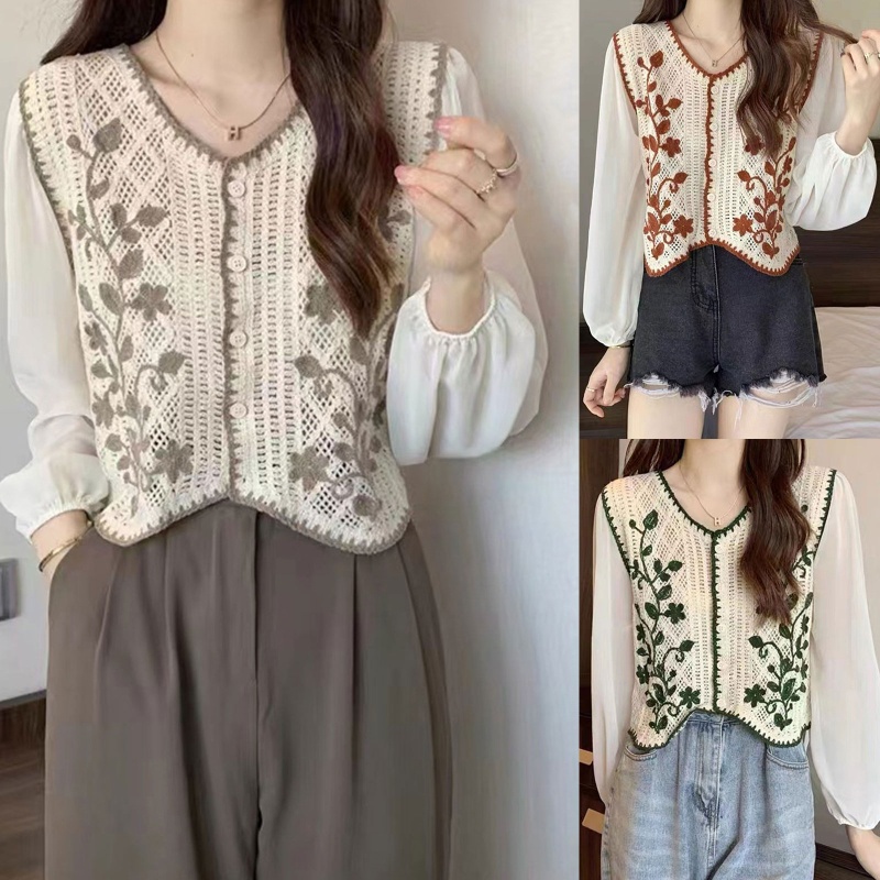 Áo Sơ Mi Chiffon Dài Tay Cổ Chữ V Thêu Hoa Phong Cách Pháp