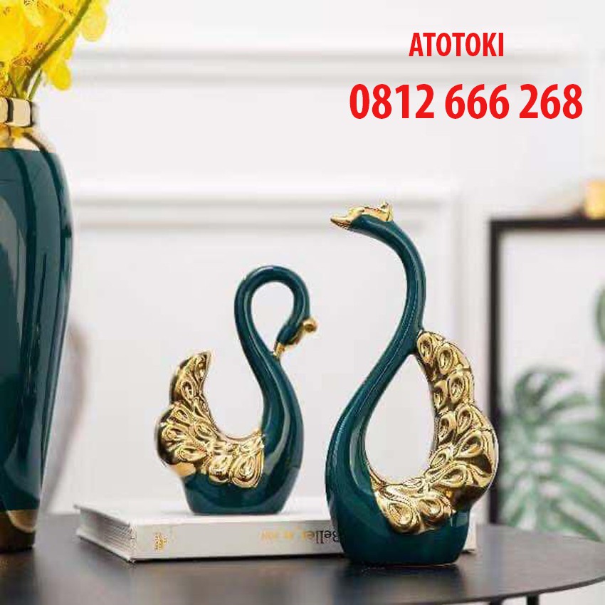 <Bộ sưu tập>Cặp Đôi Thiên Nga Sứ mạ vàng 24k men xanh ngọc lục, Thú Decor