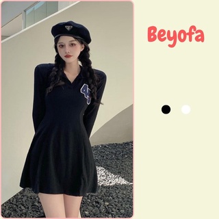 Đầm polo nữ dáng xòe ôm body thêu 45 - váy thun thơn body dài tay cổ bẻ