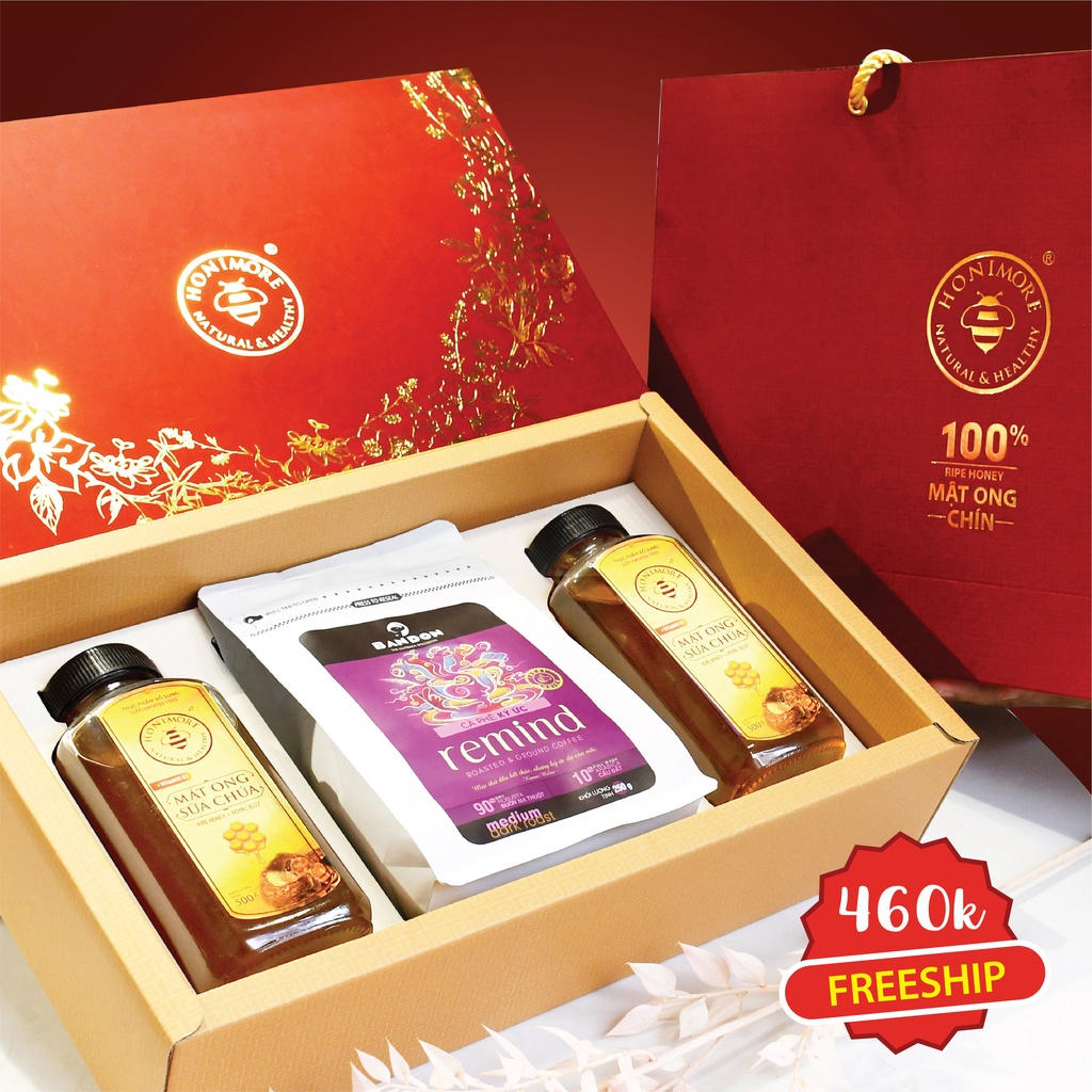 [HỘP QUÀ TẾT] Giỏ quà sức khoẻ gồm 2 chai Mật ong rừng sữa chúa 500g giúp bồi bổ sức khoẻ + Cà phê nguyên chất đặc sản