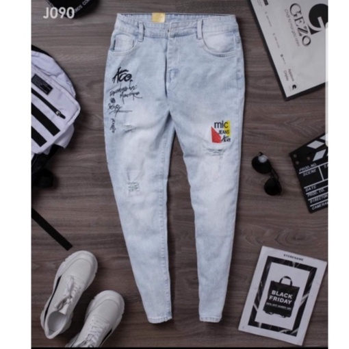 Quần jean nam tenji ad090tg xanh wash phối chữ cao cấp trẻ trung cá tính thời trang TENJI STORE (44 - 70kg)