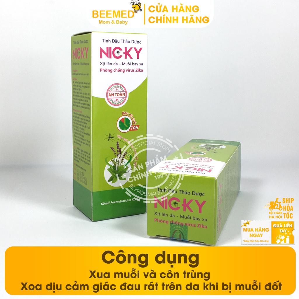 Xịt đuổi muỗi Nicky từ thảo dược, cho bé từ sơ sinh, chống muỗi đốt, làm dịu da chai 60ml từ bạc hà, sả chanh