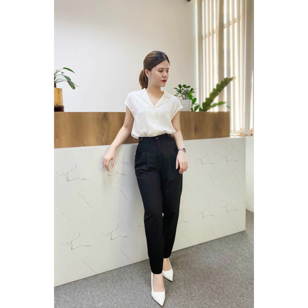 Quần vải baggy nữ dáng công sở thiết kế thanh lịch, tôn dáng 2 ly trang trí cạp UPTO SECONDS E05211-Pa0421