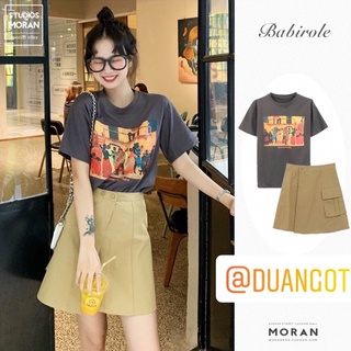 (ORDER - sẵn Áo) Set chân váy kaki MORAN cài lệch khuy túi hộp dáng A-line+ Áo thun cộc tay màu xám style Hàn Quốc