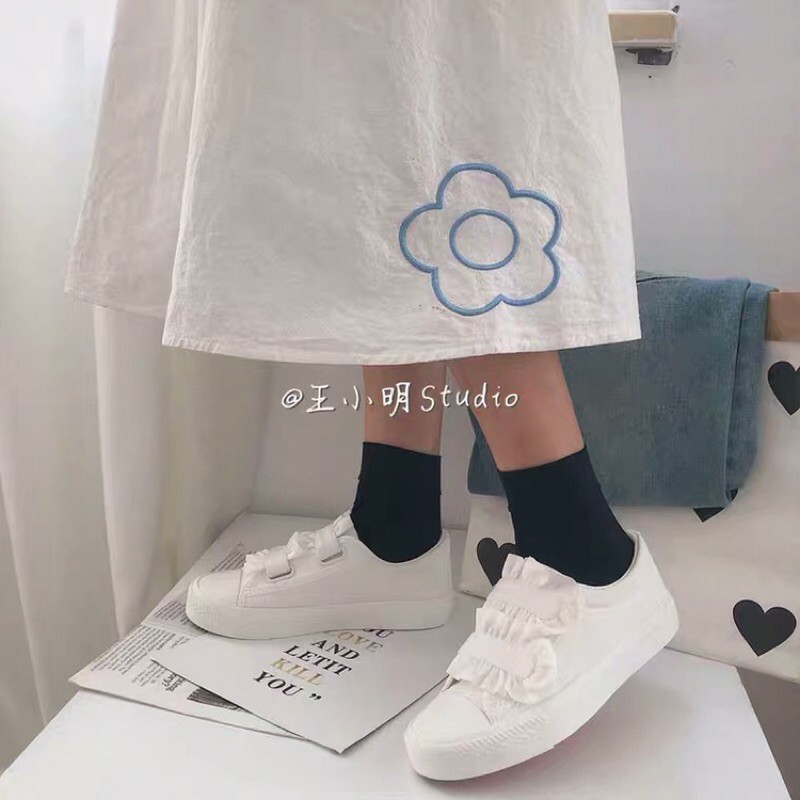 Giày sneaker trắng quai dán phối bèo ulzzang