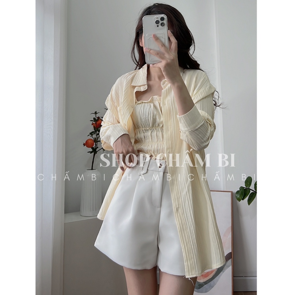 Áo kiểu nữ cách điệu A.332, Set áo sơ mi gân mỏng khoác ngoài cùng áo hai dây bo chun nhún tầng cực xinh - Shop Chấm Bi