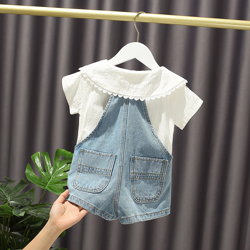 Set yếm jean đùi + sơ mi ngắn tay cổ sen thắt nơ cho bé gái từ 9-17kg [GS6]