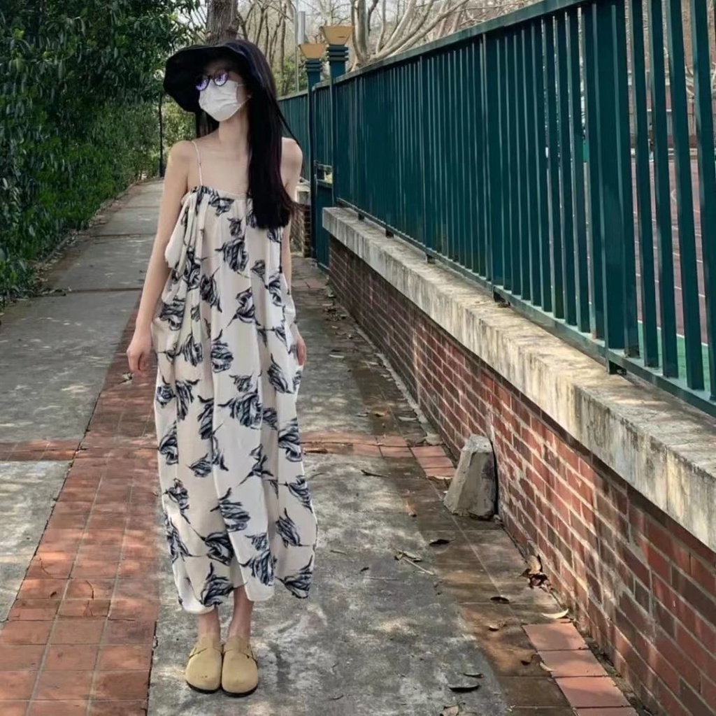 Đầm Hoa Hai Dây Dáng Chữ A Lưng Cao Thời Trang Hàn Quốc Xinh Xắn Cho Nữ