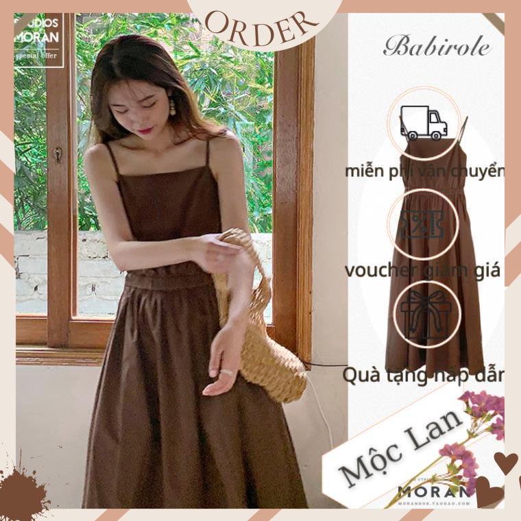 (MộcLan ORDER) Váy hai dây MORAN thun eo xòe dài màu nâu vintage Hàn Quốc đơn giản nhẹ nhàng