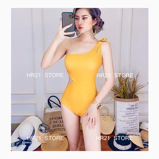 𝗛𝗥𝟮𝟭 Bikini Liền Lệch Vai Khoét Eo - Màu Vàng HOT HIT [Vải Bơi Hàn]