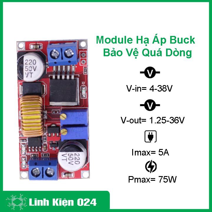 Module Hạ Áp Buck Bảo Vệ Quá Dòng Vin 4-38VDC Vout 1.25-36VDC 5A