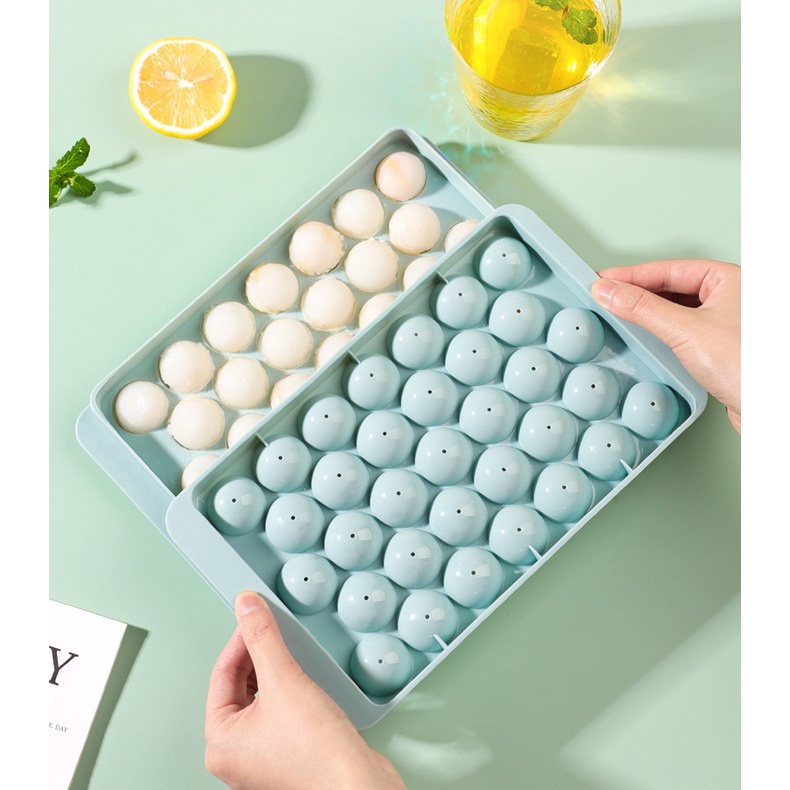 Khay Làm Đá Tròn 33 Viên Khuôn Làm Đá Có Nắp Đậy Hình Viên Bi Chất Liệu Nhựa Free Bpa Đáy Silicon Mềm Dễ Tách lấy Đá