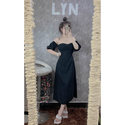 Đầm Xoè Cúp Ngực Dáng Dài Tay Ngắn Phồng Lụa Tuyết Dày Dặn
