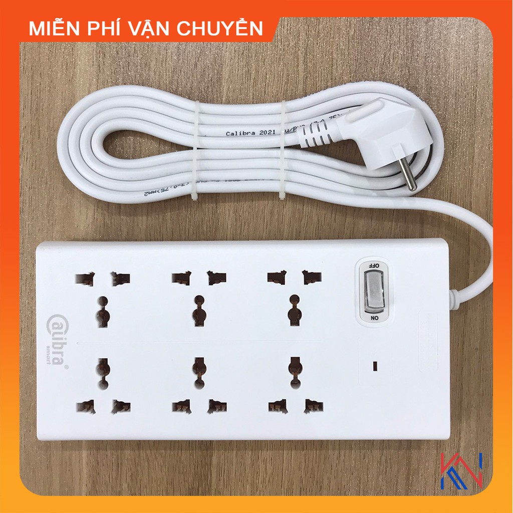 Ổ cắm điện chống cháy siêu chịu tải cao cấp Calibra loại 6 ổ - 1 công tắc - Chính hãng