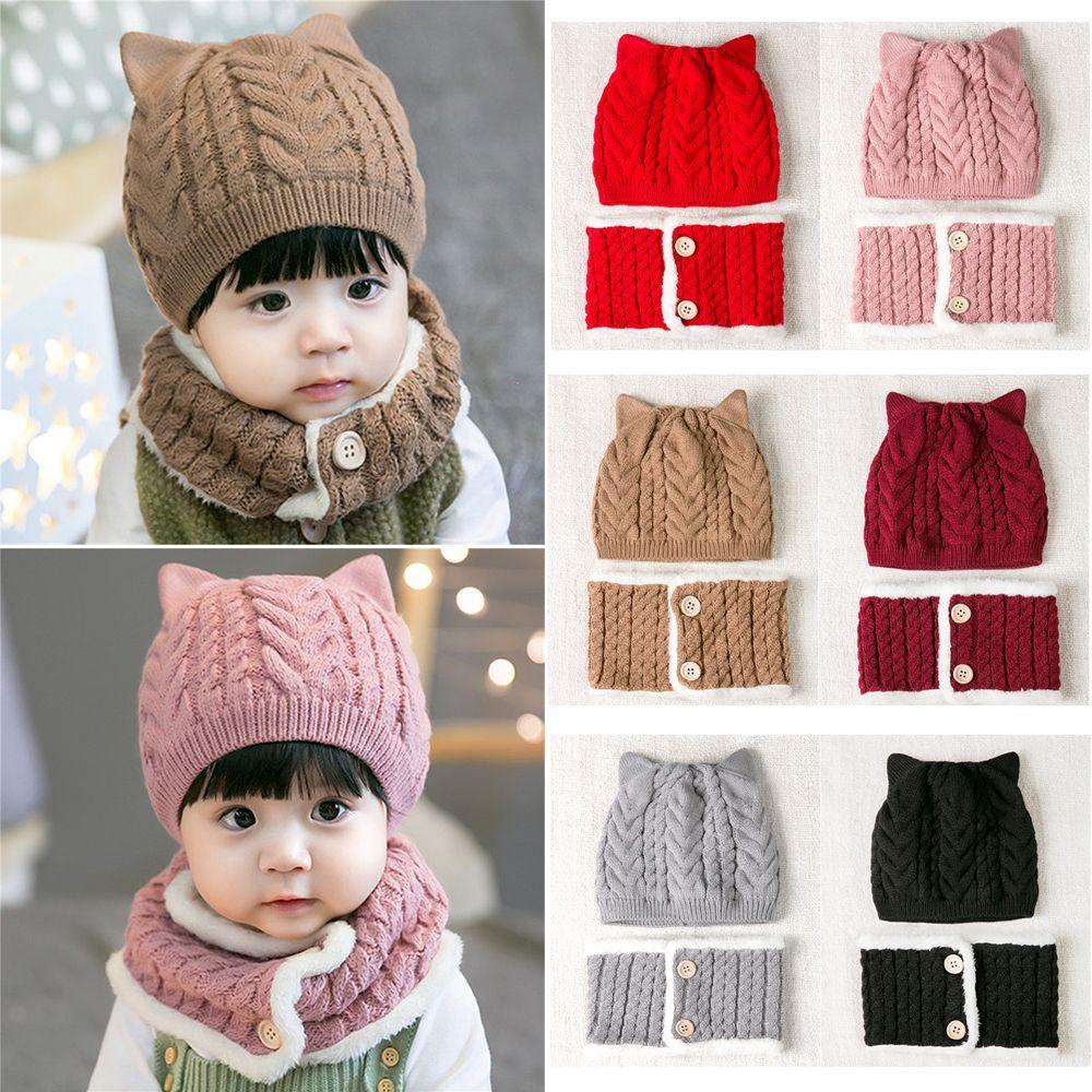 SUSANS Set Mũ + Khăn Choàng Cổ Màu Trơn Giữ Ấm Cho Bé