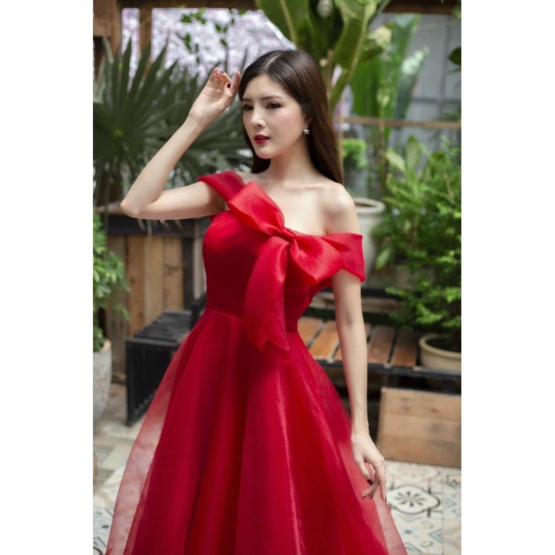 đầm nơ trễ vai