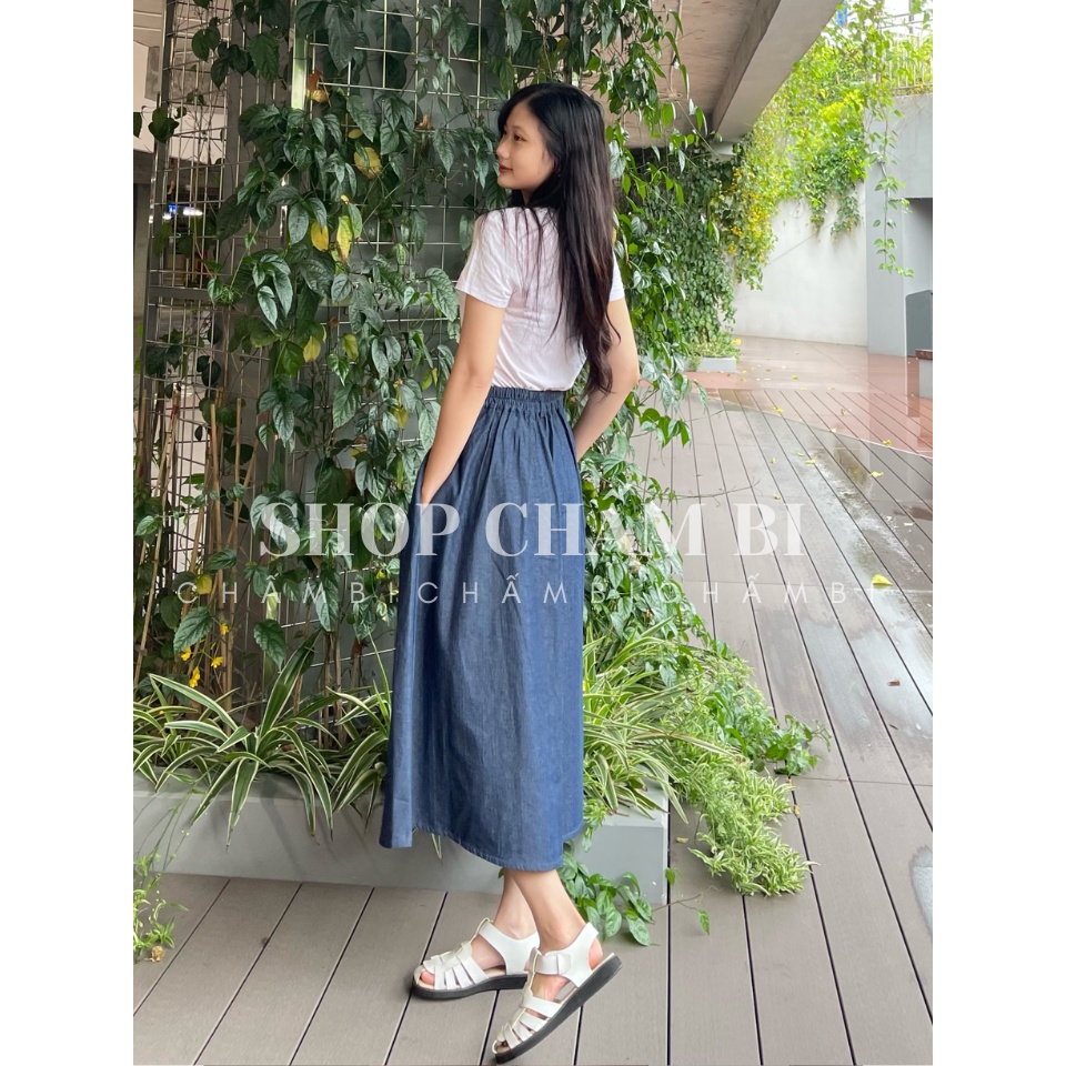 Chân váy jean dáng dài CV.018, Chân váy chun sau cạp khoá cài cúc xếp ly dáng xoè dài cách điệu - Thời trang nữ Chấm Bi