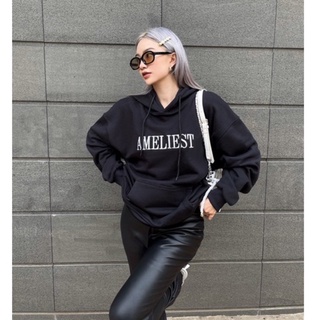 Áo hoodie nỉ form rộng màu đen thêu chữ amelie