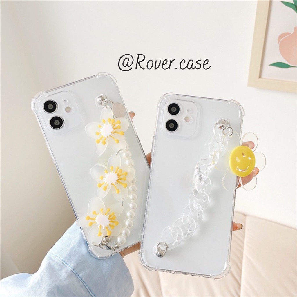 Ốp điện thoại trong suốt có 2 dây treo hoa vàng và ngọc có thể tháo rời 13/7/7plus/8/8plus/x/xs/11/12/pro/max/promax