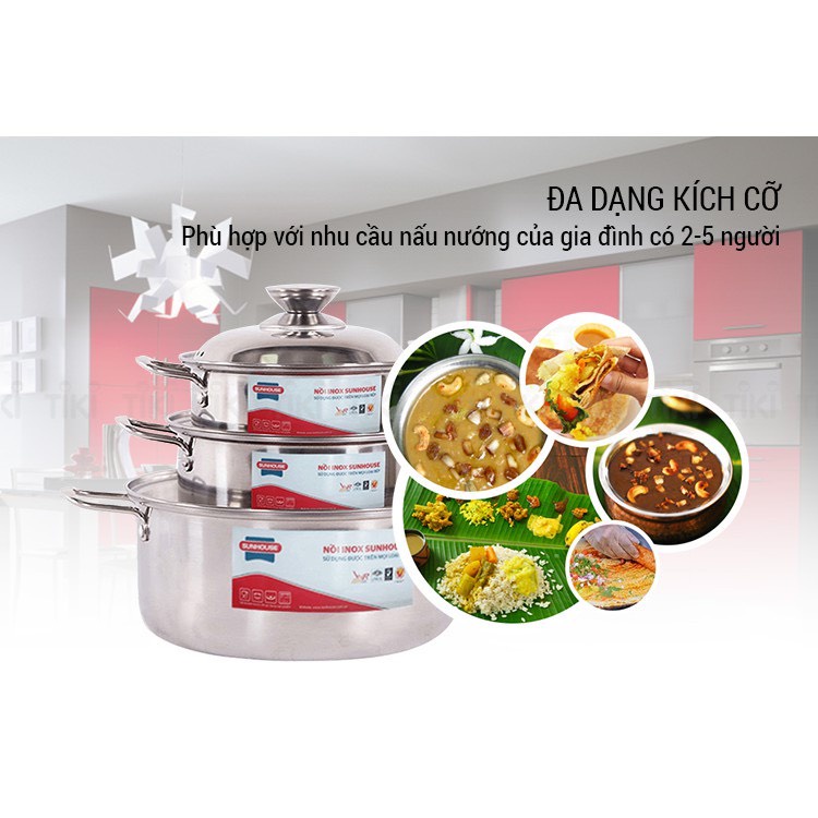 BỘ NỒI SUNHOUSE SH224, BỘ NỒI INOX SUNHOUSE SH224, ĐÁY DÙNG CHO BẾP TỪ, 3 NỒI KÍCH THƯỚC: 16, 18, 24