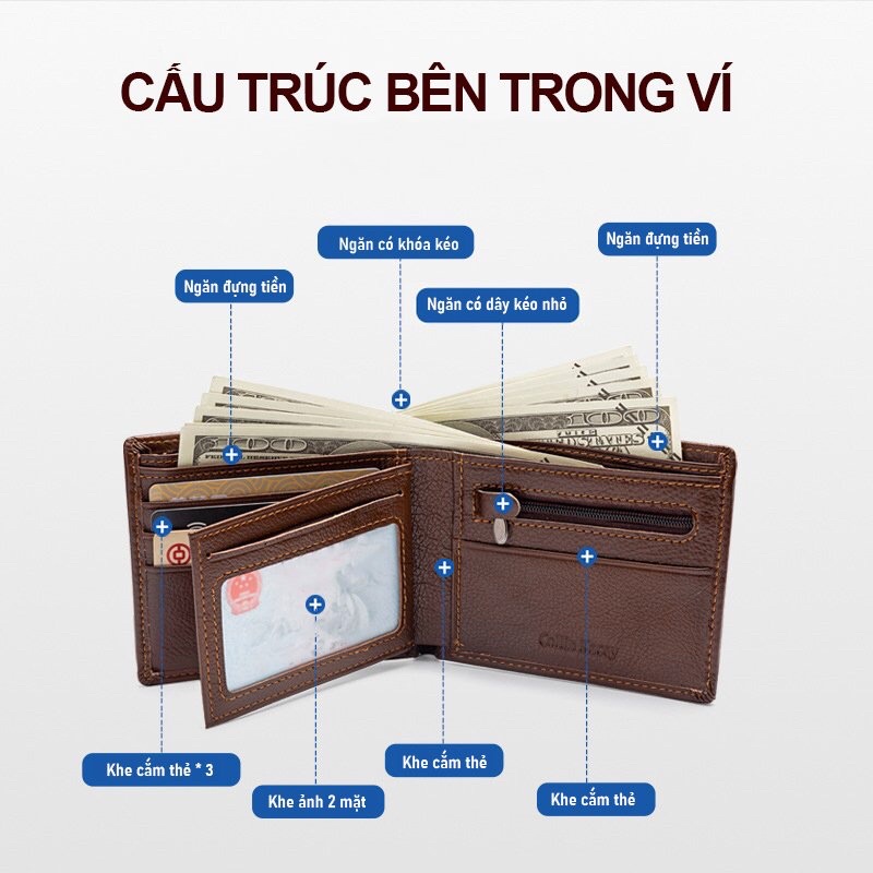 Ví nam cao cấp Collin Kacey, bóp nam da bò mềm mại, có ngăn khóa kéo-full hộp