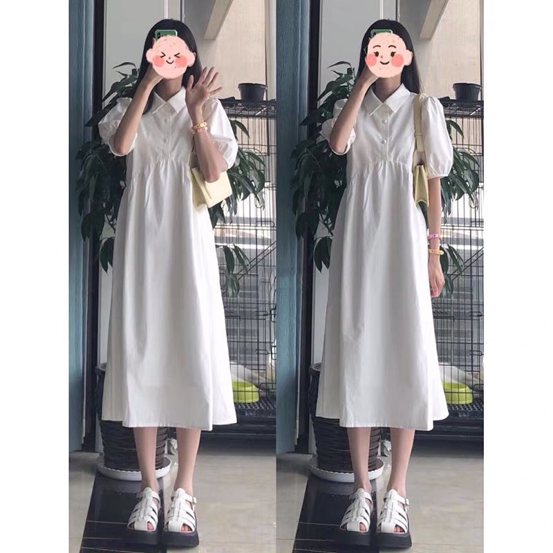 Đầm sơ mi chữ a dáng dài cổ bẻ phong cách Pháp mới cho học sinh