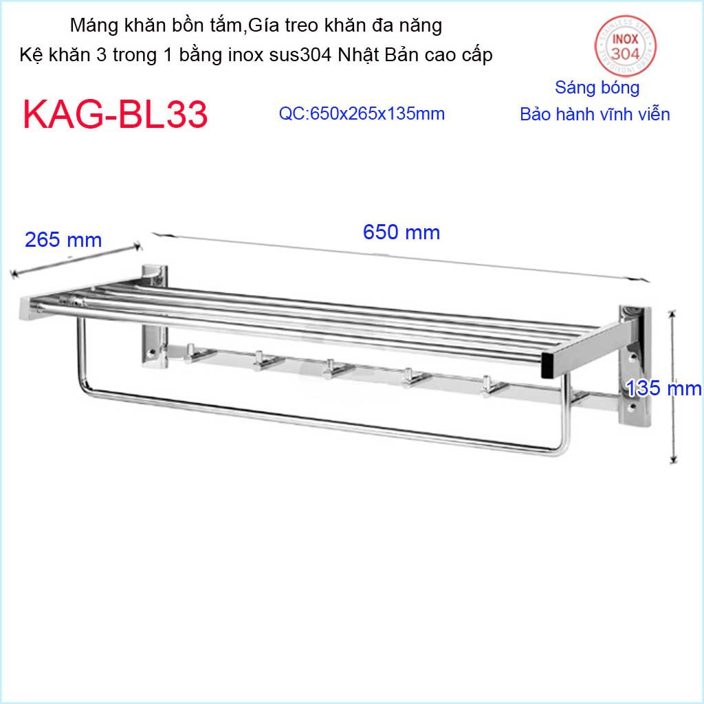 Vắt khăn bồn tắm Inox Kace KAG-BL33-BL111-BL110, máng khăn bồn tắm SUS304 Nhật Bản móc đa năng 3 trong 1 vắt khăn phơi