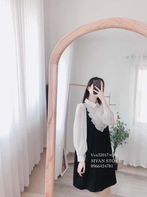 Váy đũi phối tơ cổ sen trắng dễ thương vô cùng lun nà