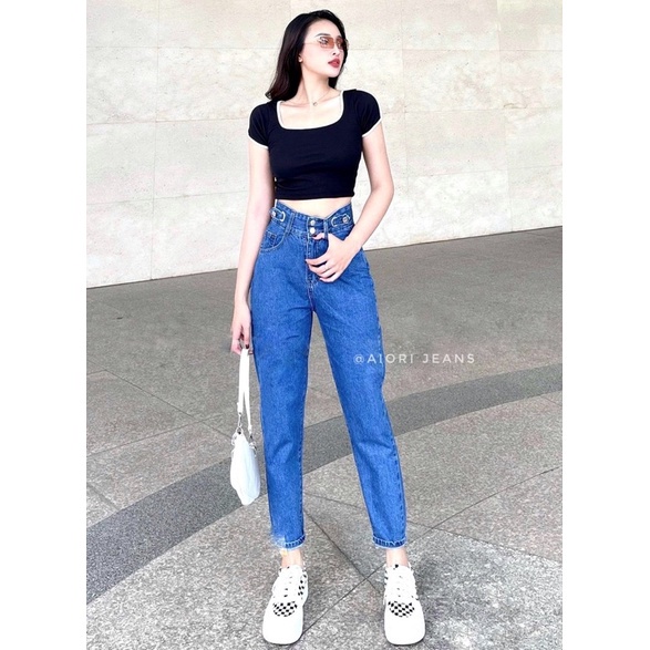 Quần Jean Nữ Aiori Lưng Cao 2 Nút Baggy Bò Trơn Cạp Cao Ulzzang Phong Cách Thời Trang, Vải Cotton Mềm Mịn_Mã B455