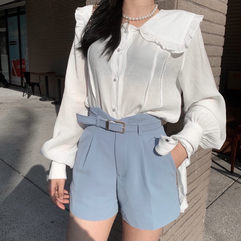 [100% GIỐNG ẢNH] Áo sơ mi cổ bánh bèo phối với quần short đơn giản thanh lịch theo phong cách Hàn Quốc | BigBuy360 - bigbuy360.vn