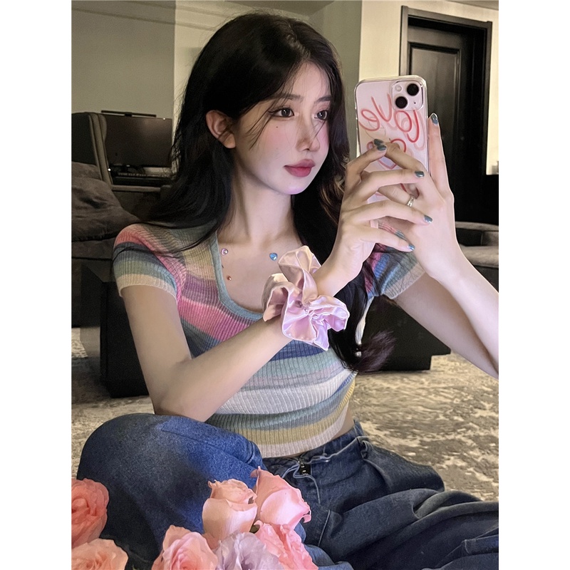 LALISAS Áo Thun Dệt Kim Cổ Vuông Họa Tiết Kẻ Sọc Thời Trang Hàn Quốc