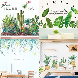 Decal dán tường hồng hạc, lá xanh và lọ hoa dán tường