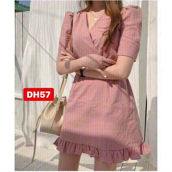 [ Miễn phí ship 2022 ] Đầm hồng kate bèo, váy cổ v tay ngắn đuôi cá cột dây sau lưng xinh xắn, dễ thương