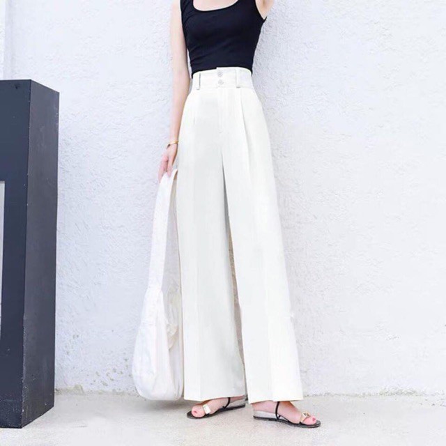 quần ống suông culottes cạp siêu cao 2 khuy khóa trước chất tuyết mưa