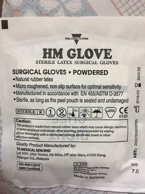 (GIẢM SỐC) 50 đôi GĂNG TAY PHẪU THUẬT TIỆT TRÙNG - HM Glove - Top Malaysia ( 7.0)