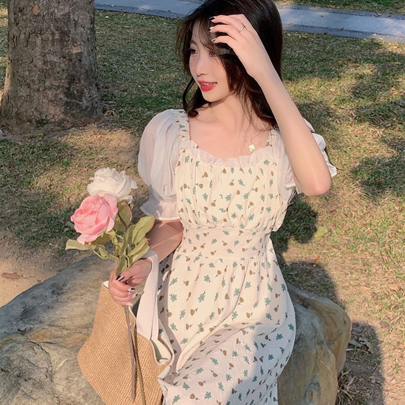 Đầm Midi Mùa Hè Tay Phồng In Họa Tiết Hoa Cổ Điển Có Diềm Xếp Nếp Cho Nữ