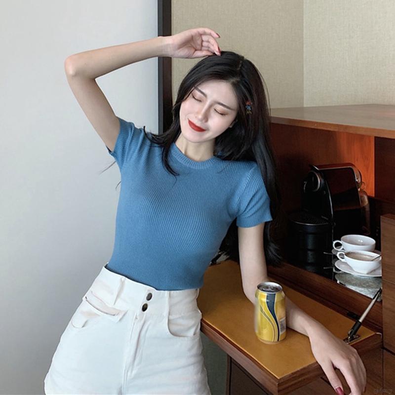 Áo Dệt Kim Tay Ngắn Cổ Tròn Màu Trơn Phong Cách Hàn Quốc Đơn Giản Cho Nữ