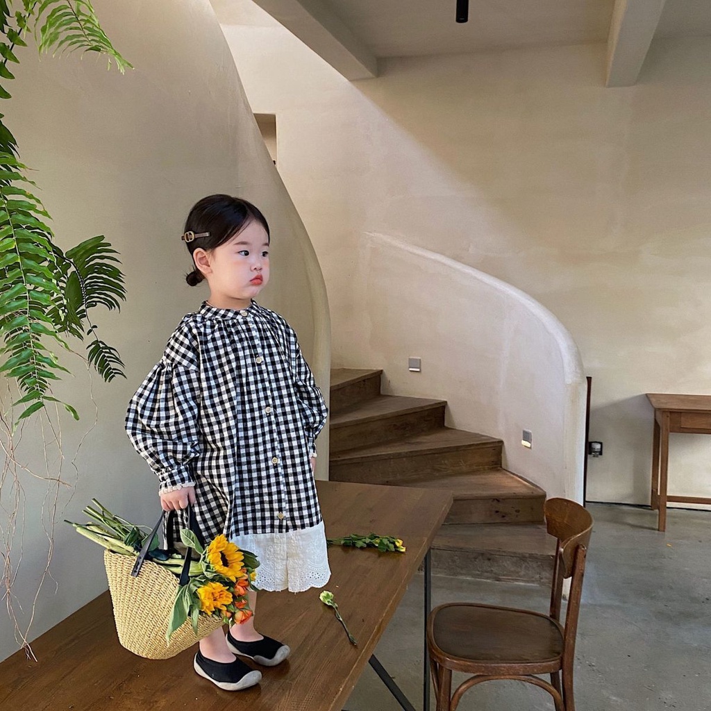 Đầm Công Chúa Phối Ren Tay Phồng Họa Tiết Kẻ Sọc Phong Cách Phương Tây Cổ Điển Thời Trang Xuân Thu Mới Cho Bé Gái
