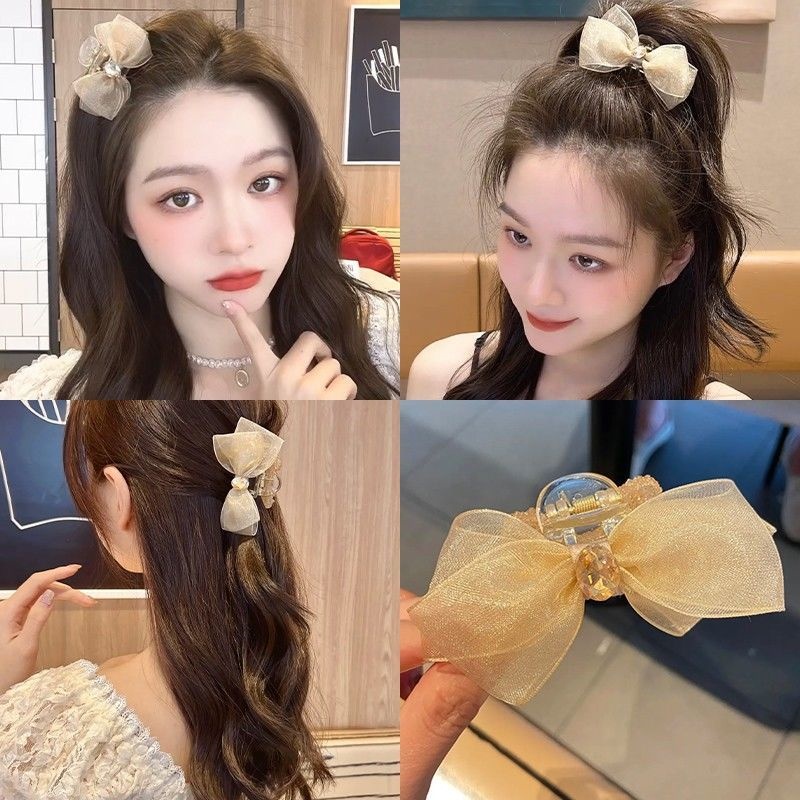 Kẹp Tóc Nơ Kim Loại Hai Mặt Đính Đá Lấp Lánh Màu Đen Phong Cách vintage Hàn Quốc Cho Nữ